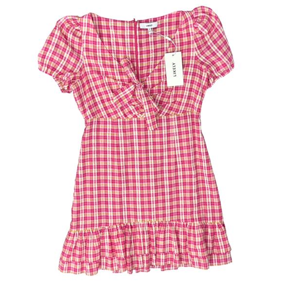 Likely Pink Yellow White Gingham Tie Front Ruffle Kai Mini Dress size 10 NEW Tag - Picture 1 of 11